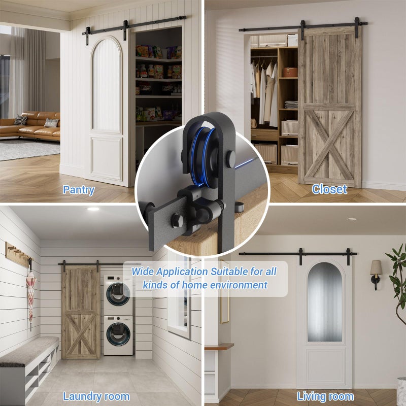 CCJH 8FT Single Sliding Barn Door Hardware Kit Black Basic Roller Carbon Steel Hanger Flat Track System for Closet Kitchen 1 Door 48 inch Wide - Image 4
